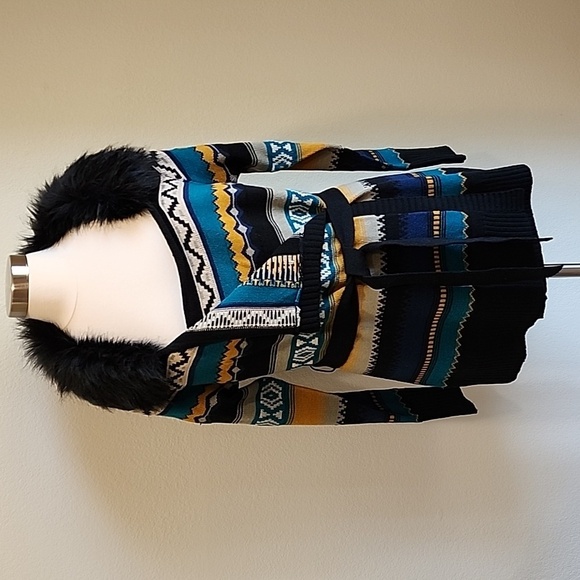 Powder River Outfitters Panhandle Slim Faux Fur Trim Cardigan Belted Aztec Print - Picture 2 of 8